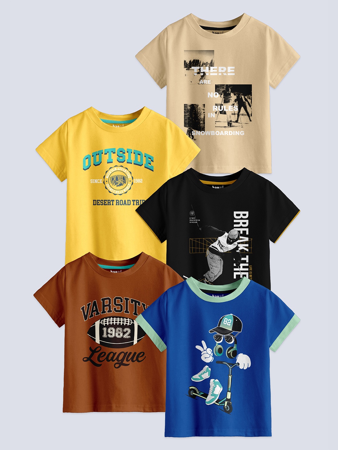 

BAESD Boys Pack Of 5 Typography Printed Pure Cotton T-shirt, Beige