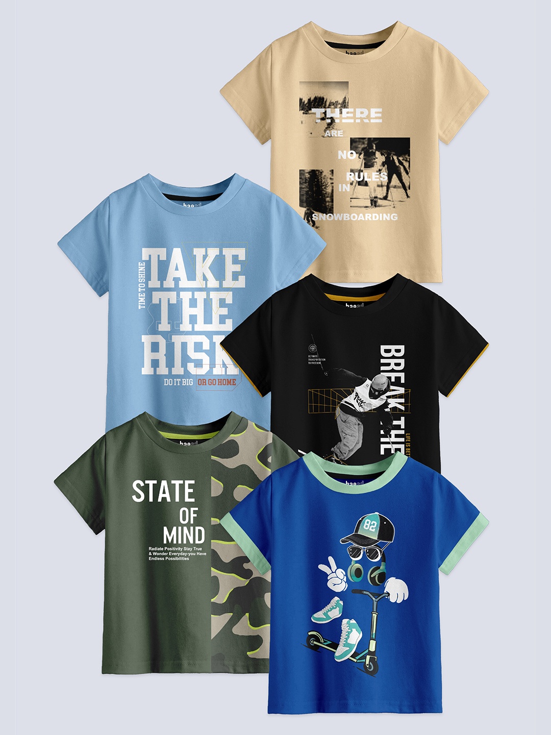 

BAESD Boys Pack Of 5 Printed Pure Cotton T-shirts, Beige