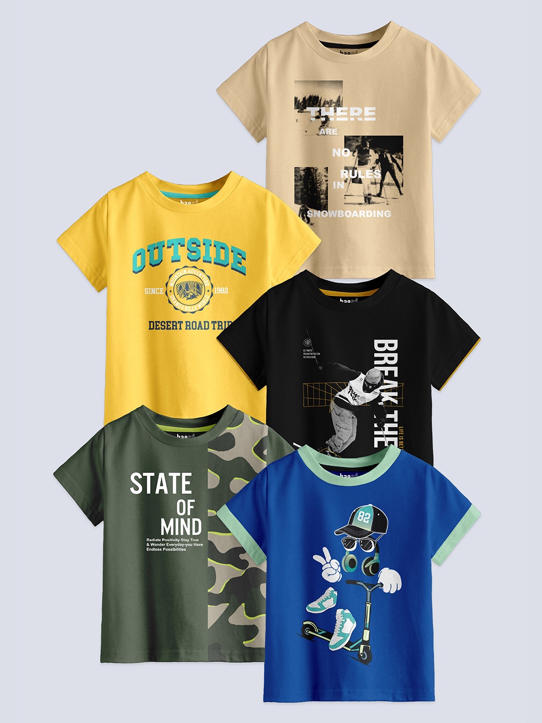 

BAESD Boys Pack Of 5 Printed Pure Cotton T-shirts, Beige