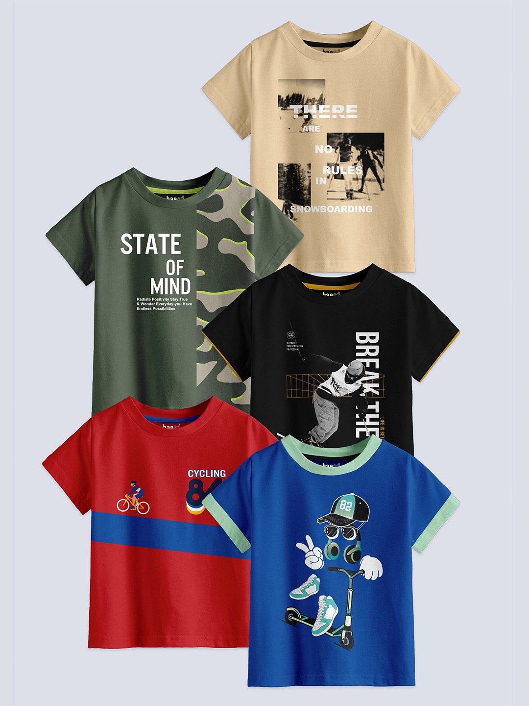 BAESD Boys Pack Of 5 Printed Round Neck Cotton T-shirt, Beige