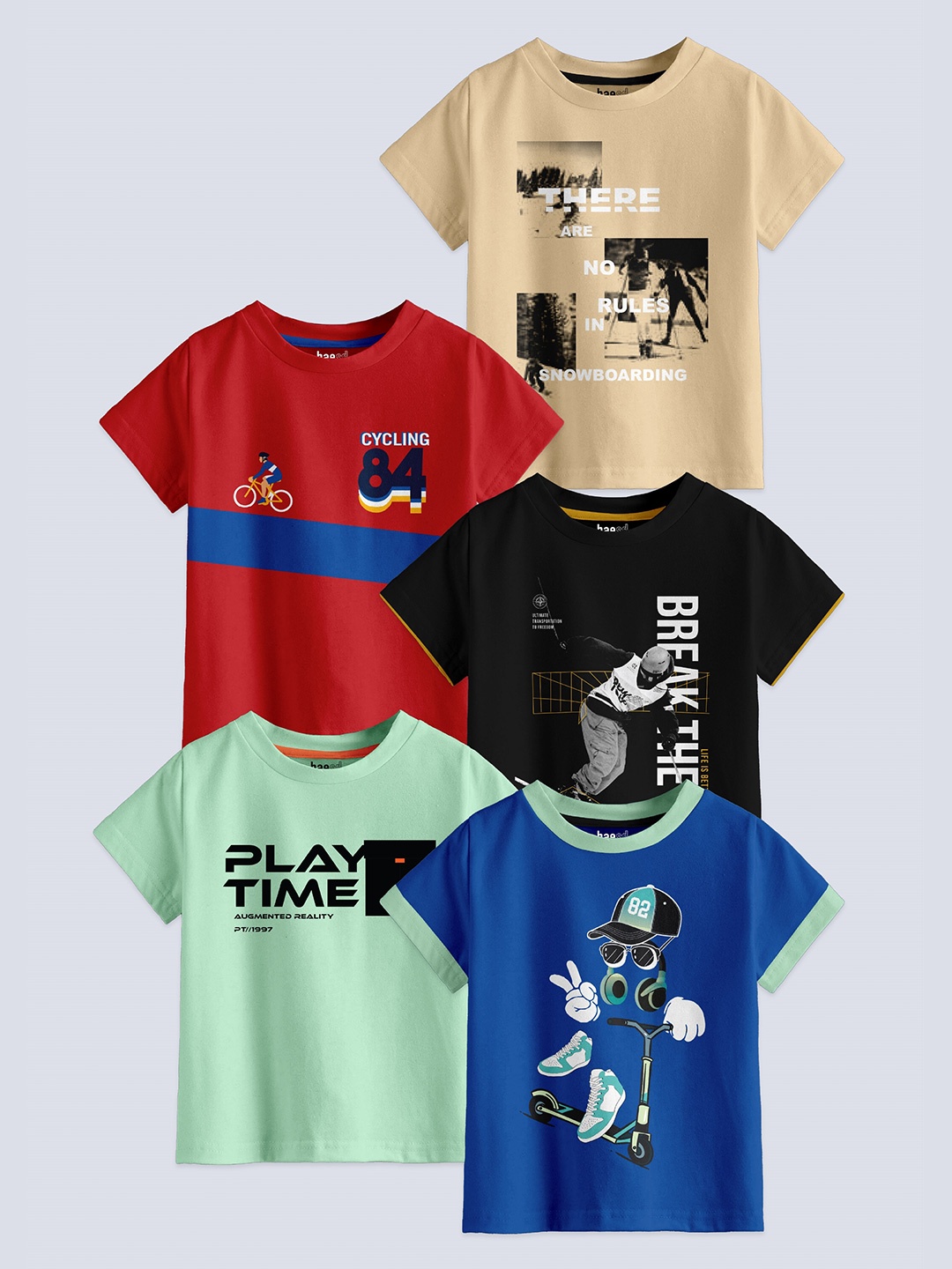 

BAESD Boys Pack Of 5 Printed Round Neck Cotton T-shirt, Beige