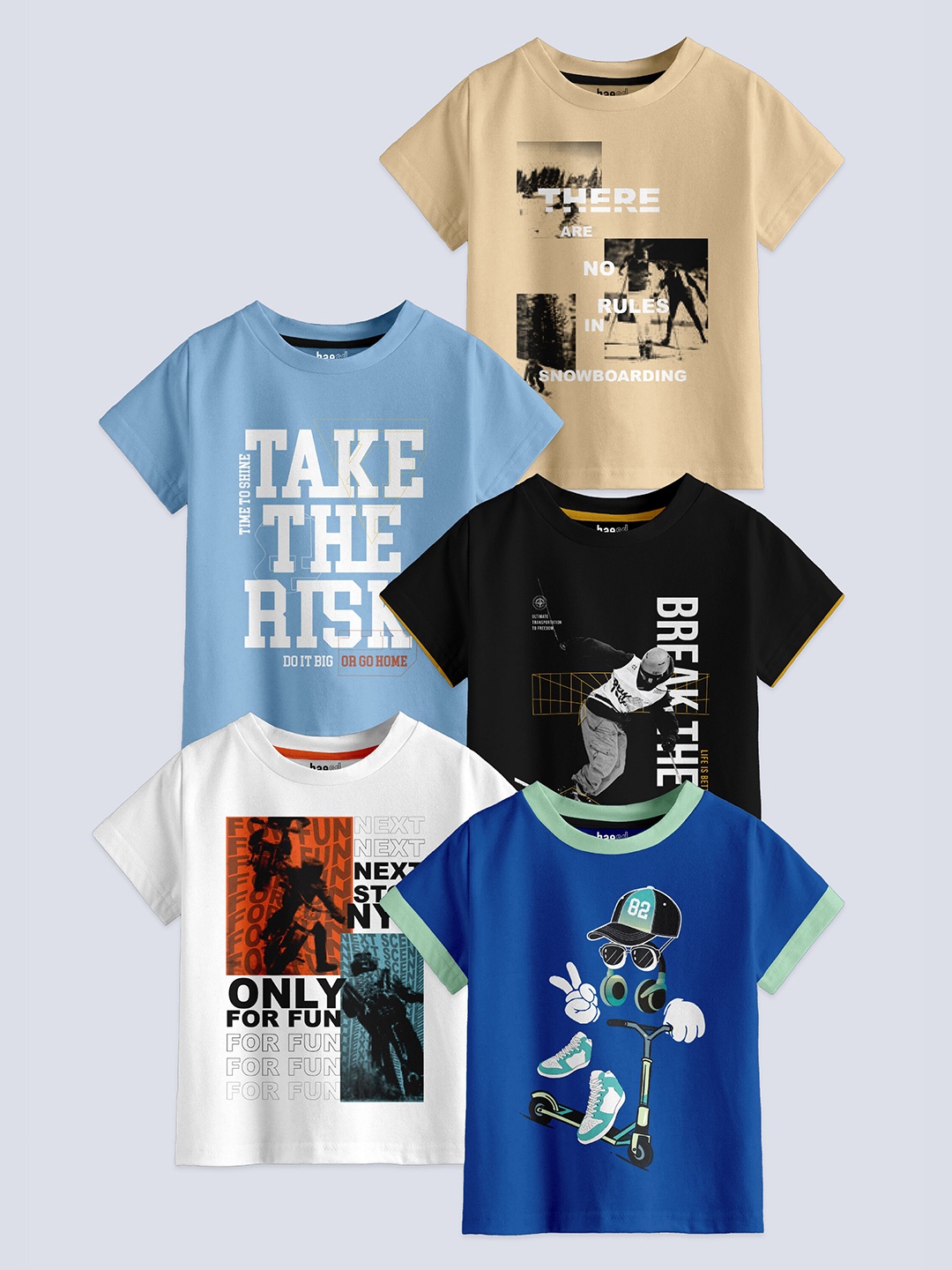 

BAESD Boys Pack Of 5 Printed Round Neck Cotton T-shirt, Beige