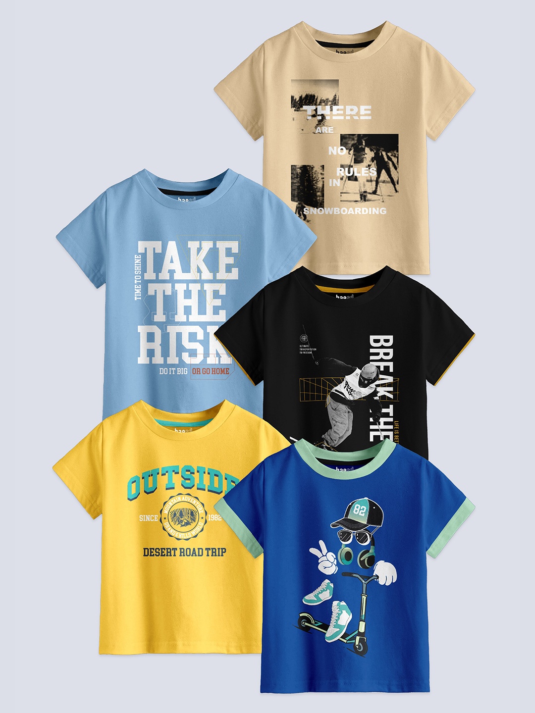 

BAESD Boys Pack Of 5 Printed Round Neck Cotton T-shirt, Beige