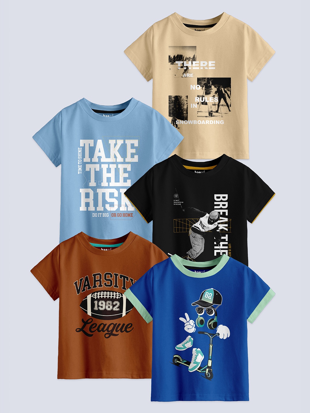 

BAESD Boys Pack Of 5 Printed Round Neck Cotton T-shirt, Turquoise blue