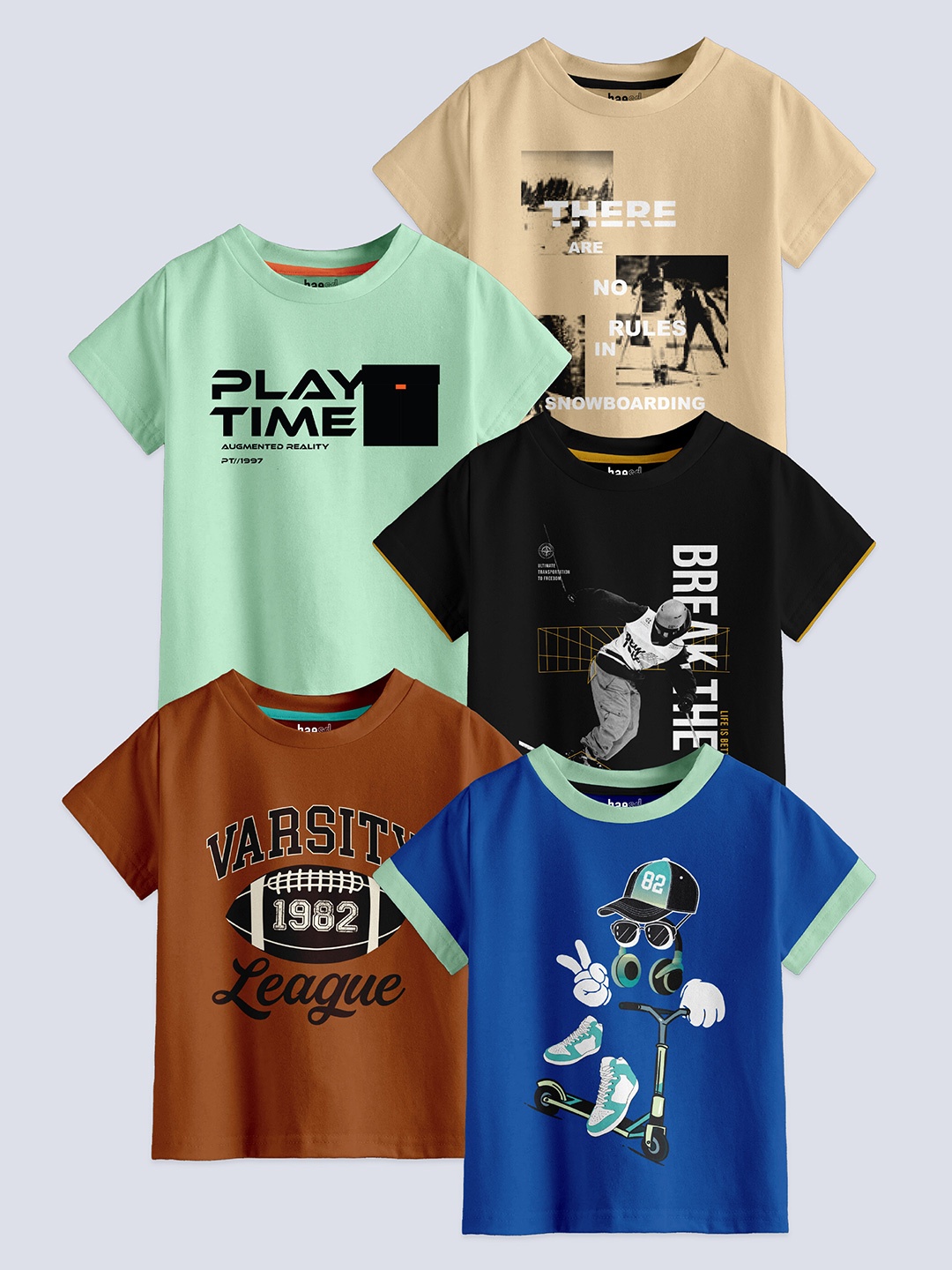 

BAESD Boys Pack Of 5 Typography Printed Pure Cotton T-shirt, Black