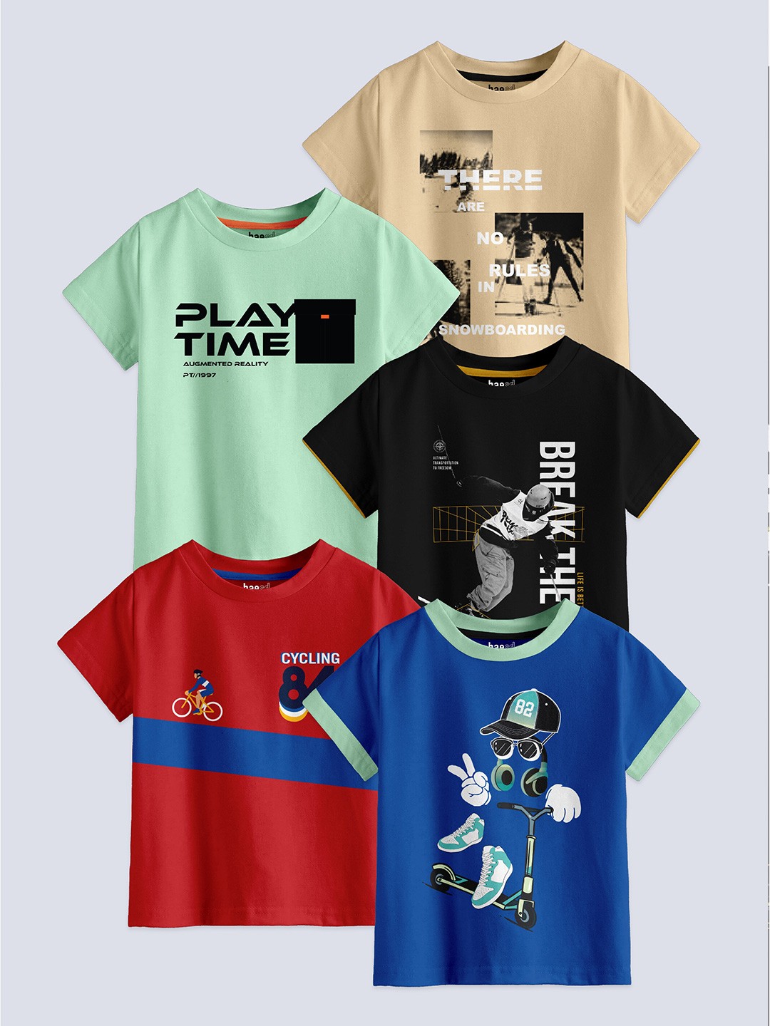 

BAESD Boys Pack Of 5 Printed Pure Cotton T-shirts, Green