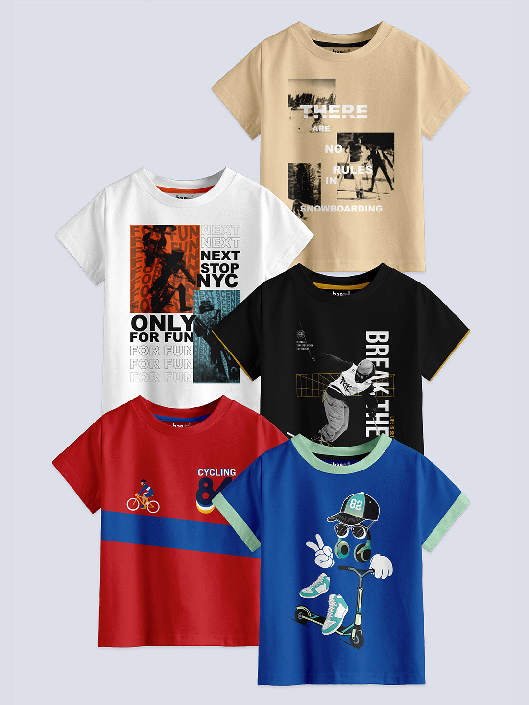

BAESD Boys Pack Of 5 Printed Cotton T-shirt, Beige
