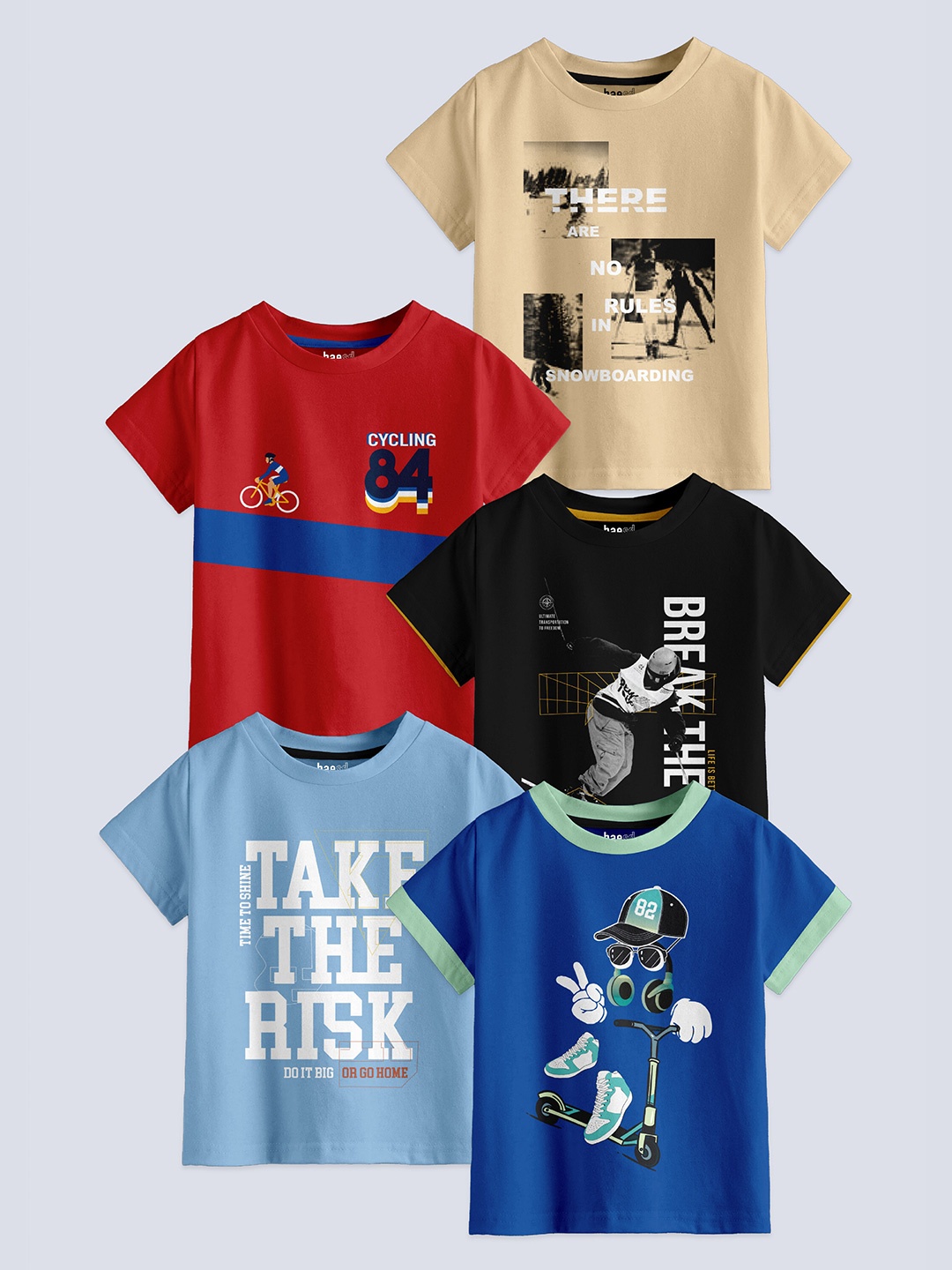 

BAESD Boys Pack Of 5 Printed Cotton T-shirt, Beige