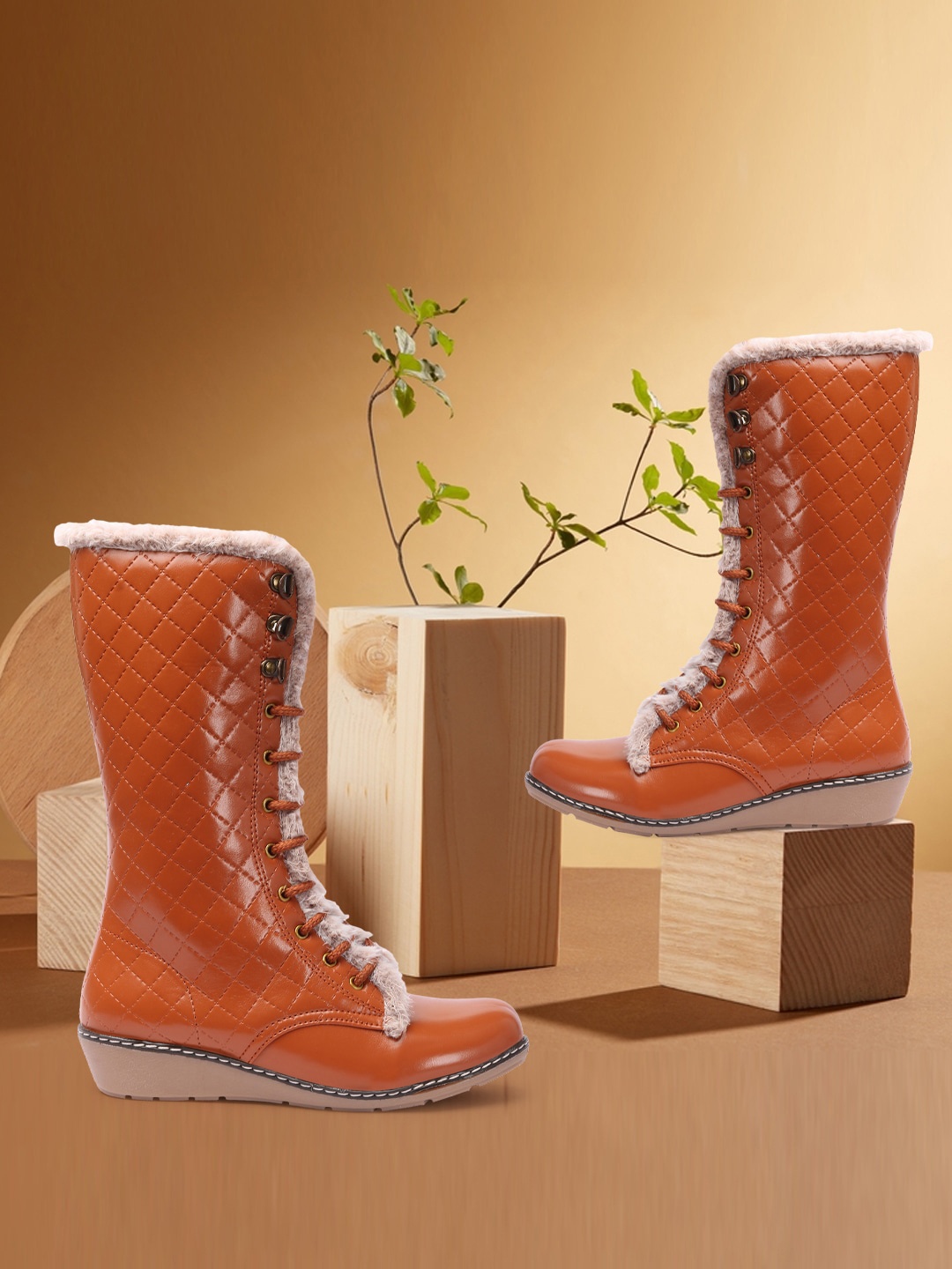 

The Roadster Lifestyle Co. Women Tan Brown Mid Top Faux Fur Trim Wedges Winter Boots