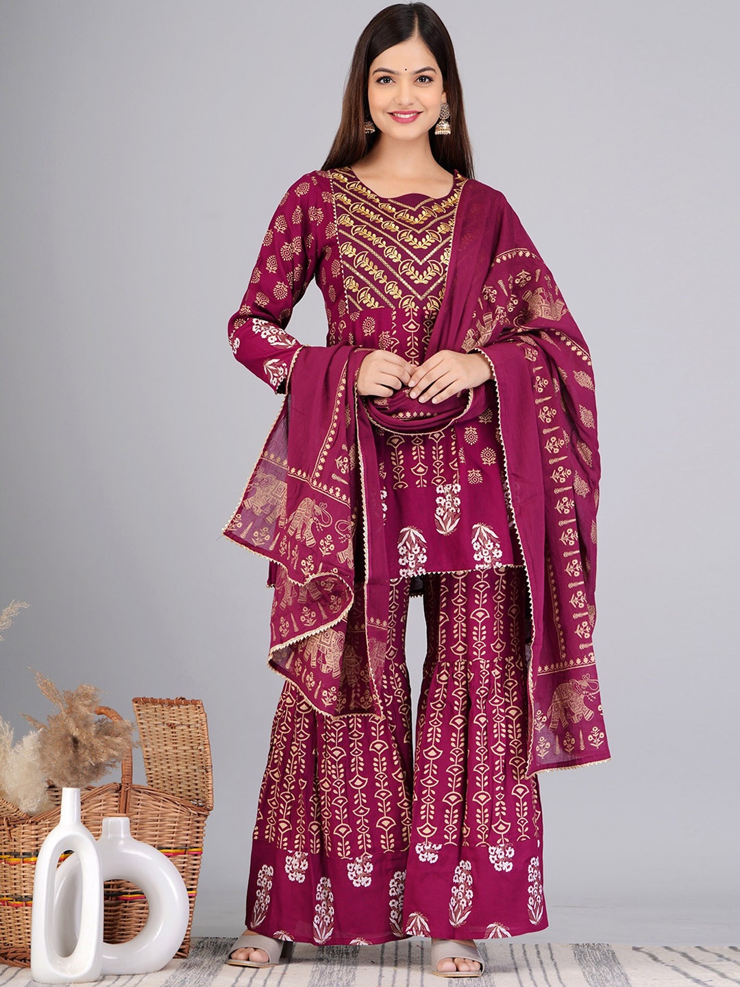 

KUROCK Ethnic Motifs Printed Gotta Patti A-Line Kurti & Sharara With Dupatta, Maroon