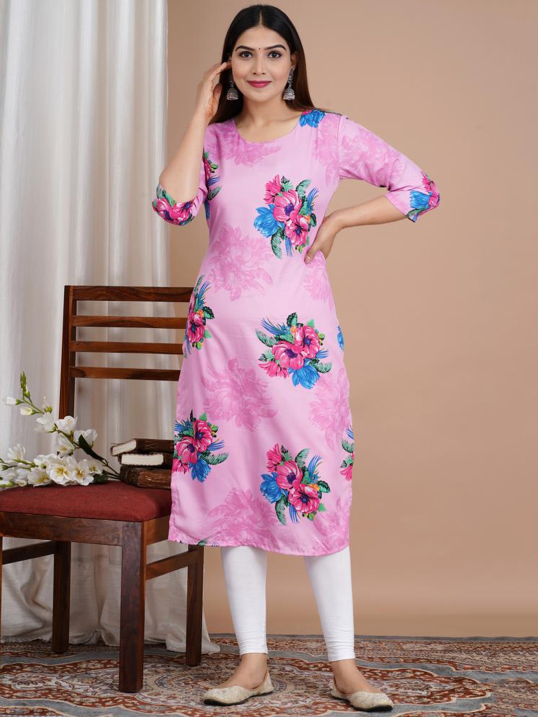 

KUROCK Floral Printed Cotton A-line Kurta, Pink
