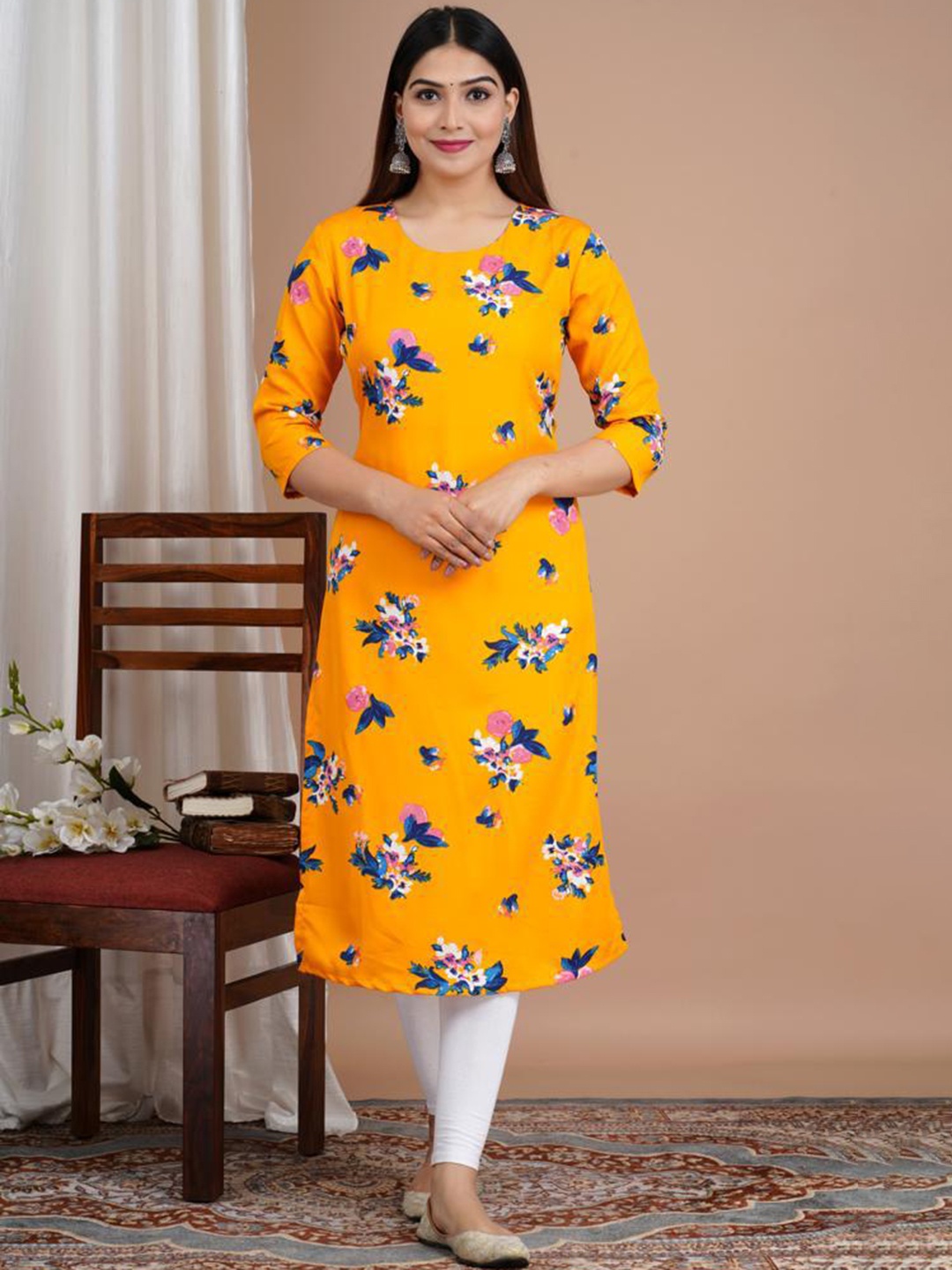 

KUROCK Floral Printed A Line Kurta, Yellow