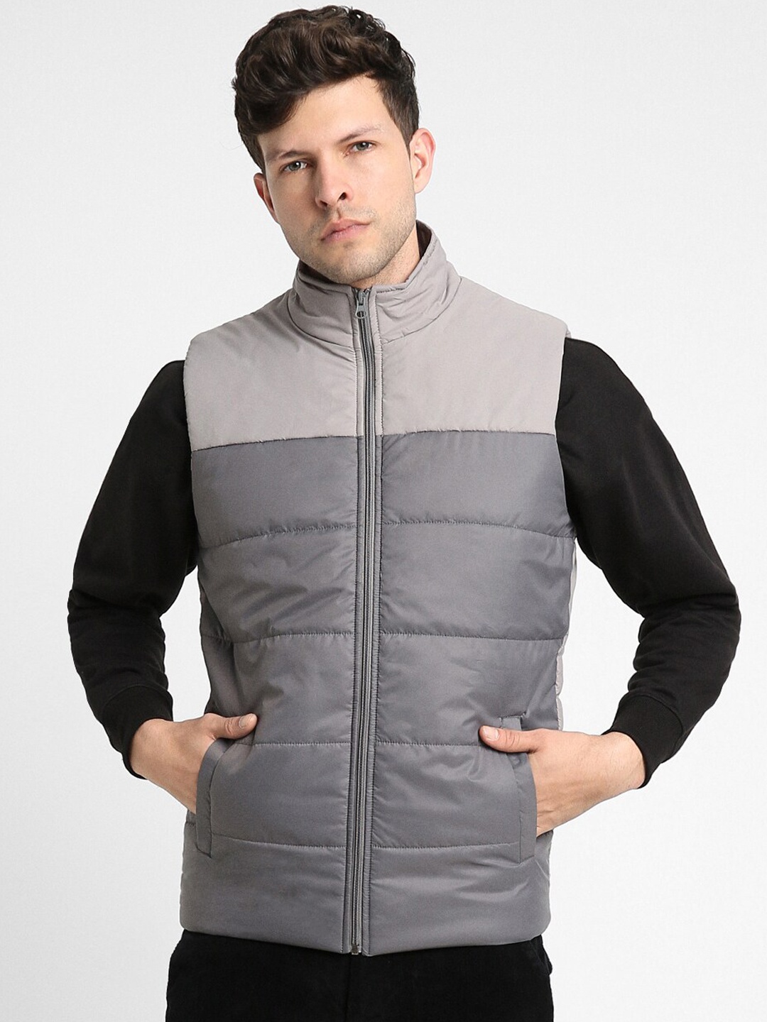 

Dennis Lingo Colourblocked Mock Collar Quilted Jacket, Grey