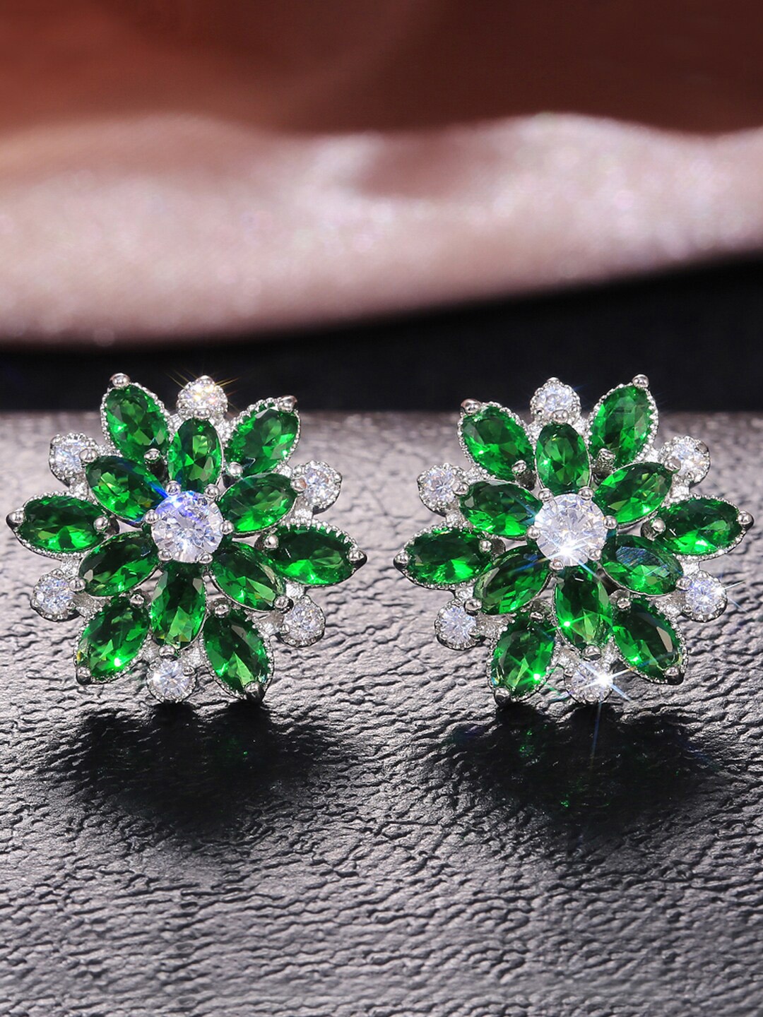 

Jewels Galaxy Silver Plated Floral Shaped Stud Earrings, Green