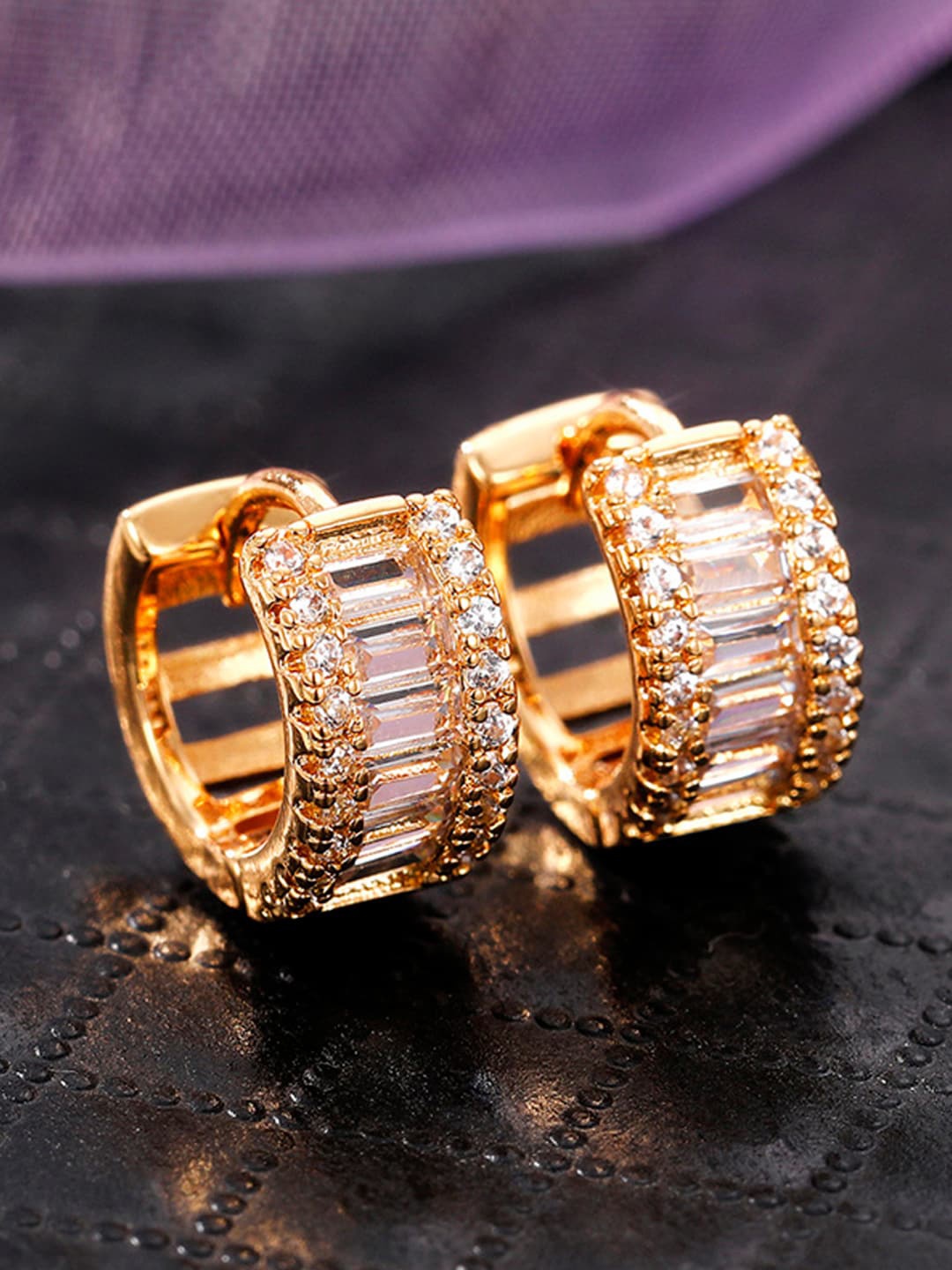 

Jewels Galaxy Gold-Plated American Diamond Studded Contemporary Hoop Earrings