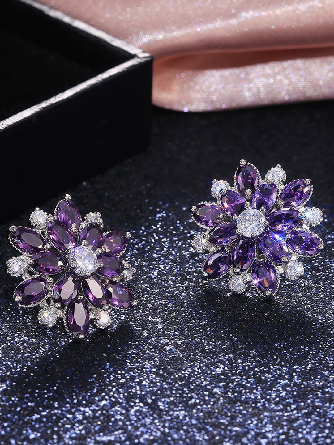 

Jewels Galaxy Silver-Plated American Diamond-Studded Studs Earrings, Purple