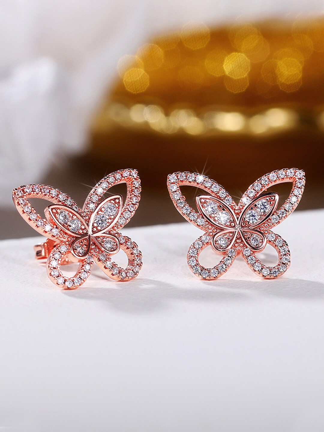 

Jewels Galaxy Rose Gold-Plated Butterfly Shaped Cubic Zirconia Studs Earrings