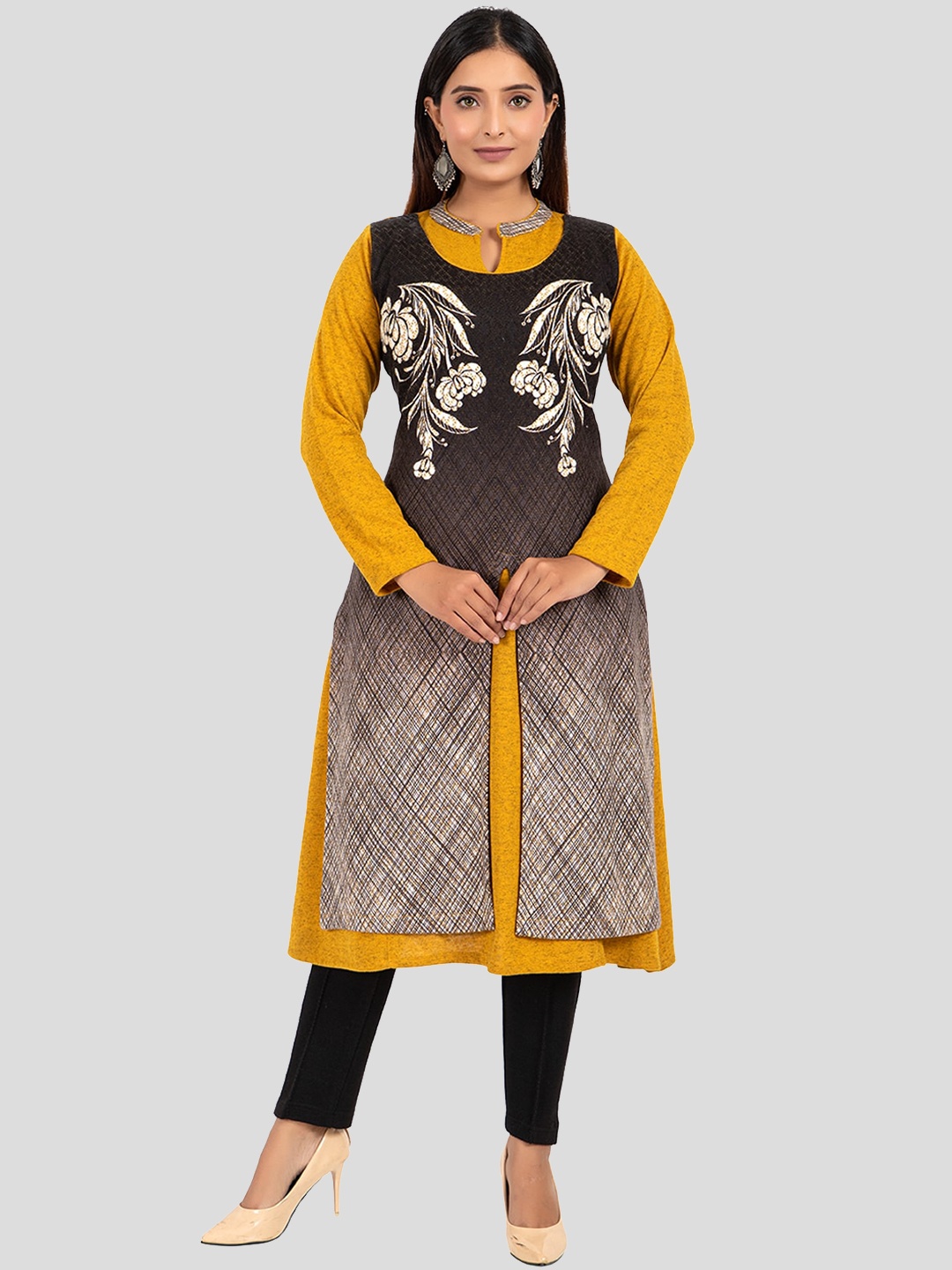 

Elthia Floral Printed Layered A-line Knitted Kurta with Trousers, Mustard