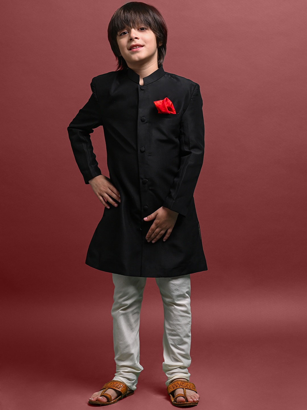 

VESHAM Boys Mandarin Collar Kurta With Churidar & Dupatta, Black