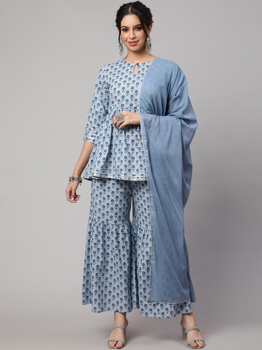 

SAK JAIPUR Floral Printed Pure Cotton Gotta Patti Kurti With Sharara & Dupatta, Grey