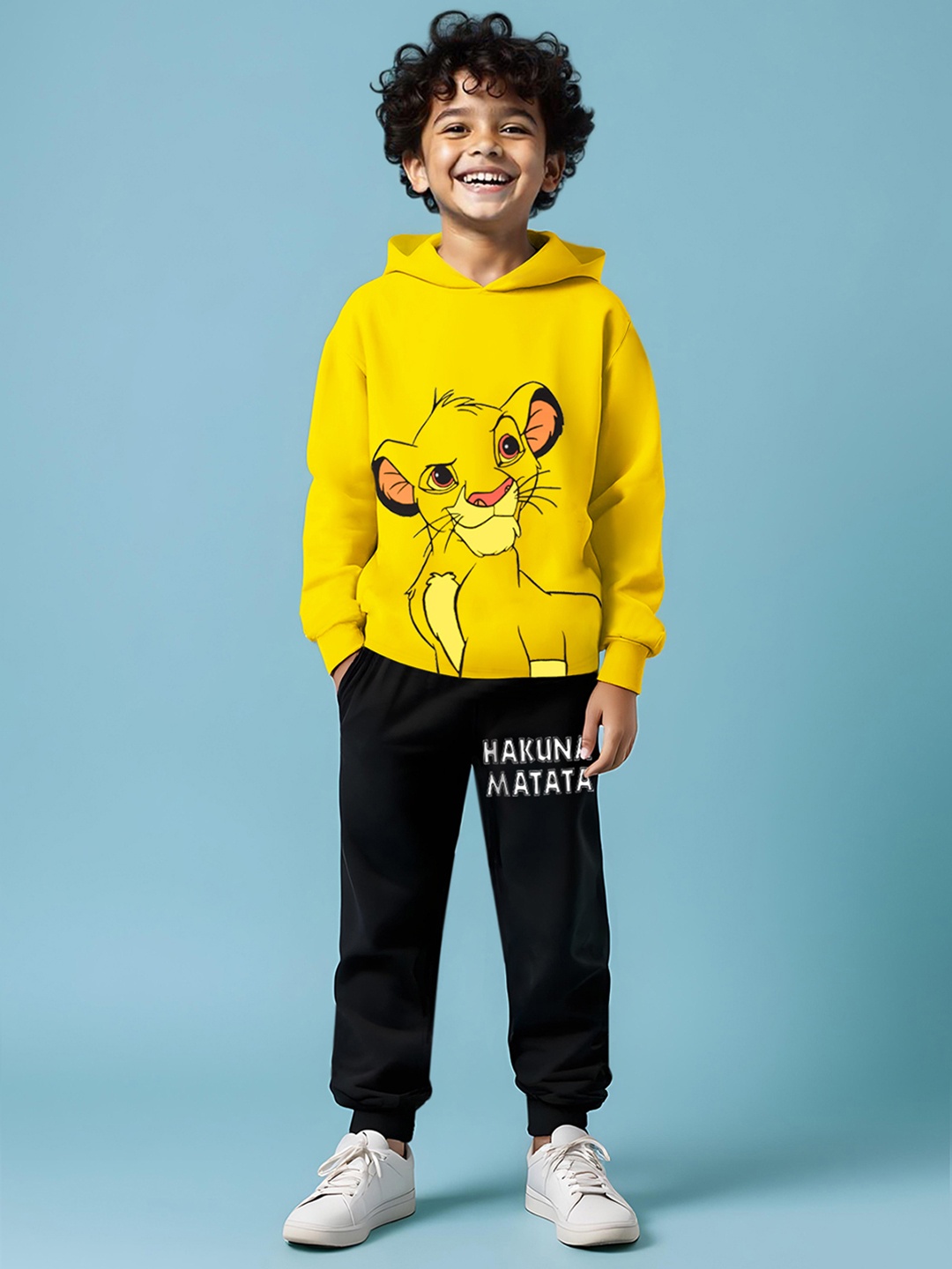 

YK Disney Boys Simba Graphic Printed Hooded T-Shirt With Trousers, Yellow