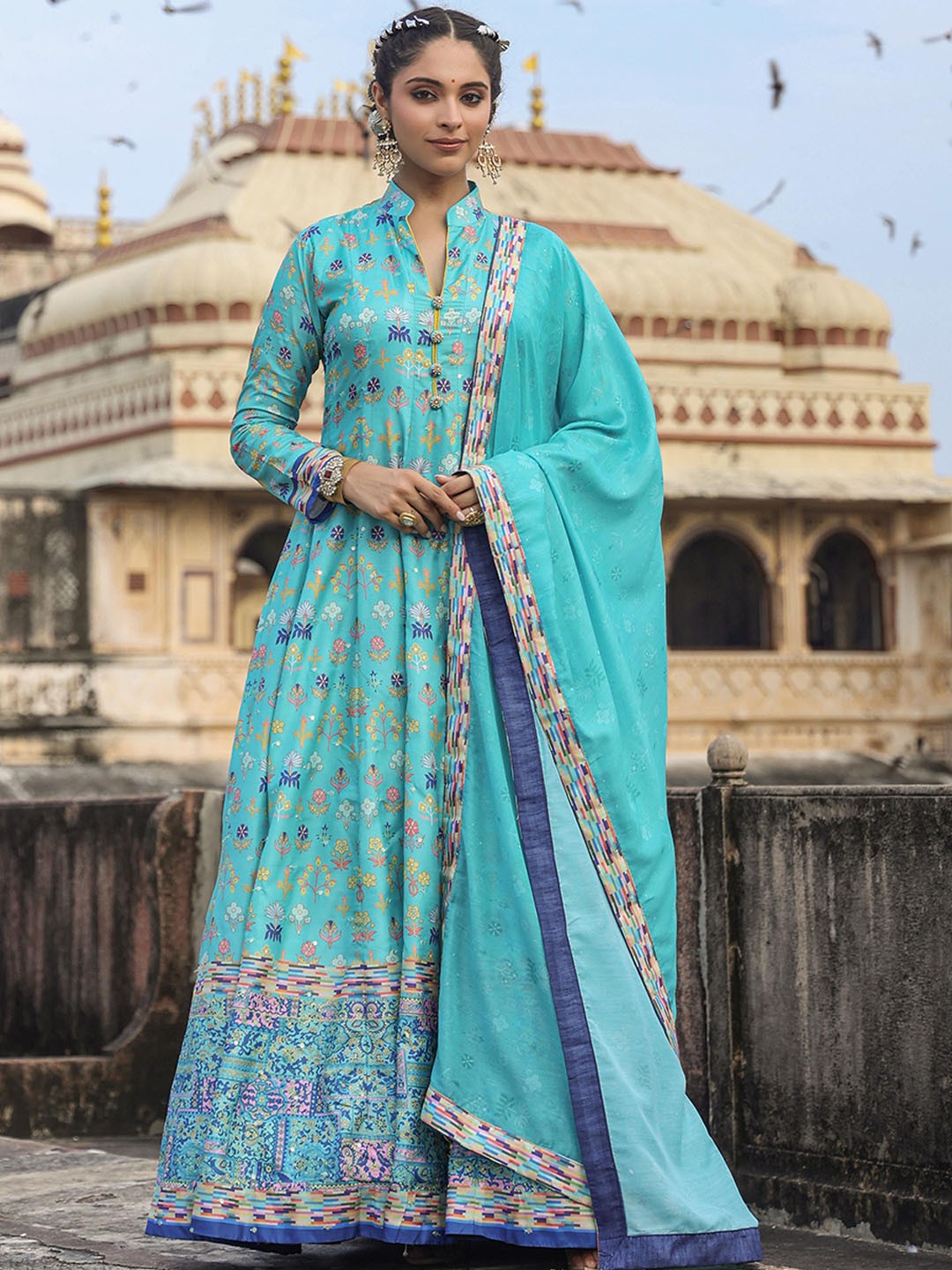 

SCAKHI Floral Printed Dola Silk Anarkali Ethnic Dress With Dupatta, Turquoise blue
