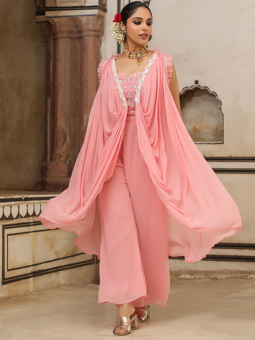 

SCAKHI Floral Embroidered Pure Silk Top With Palazzos & Cape, Peach