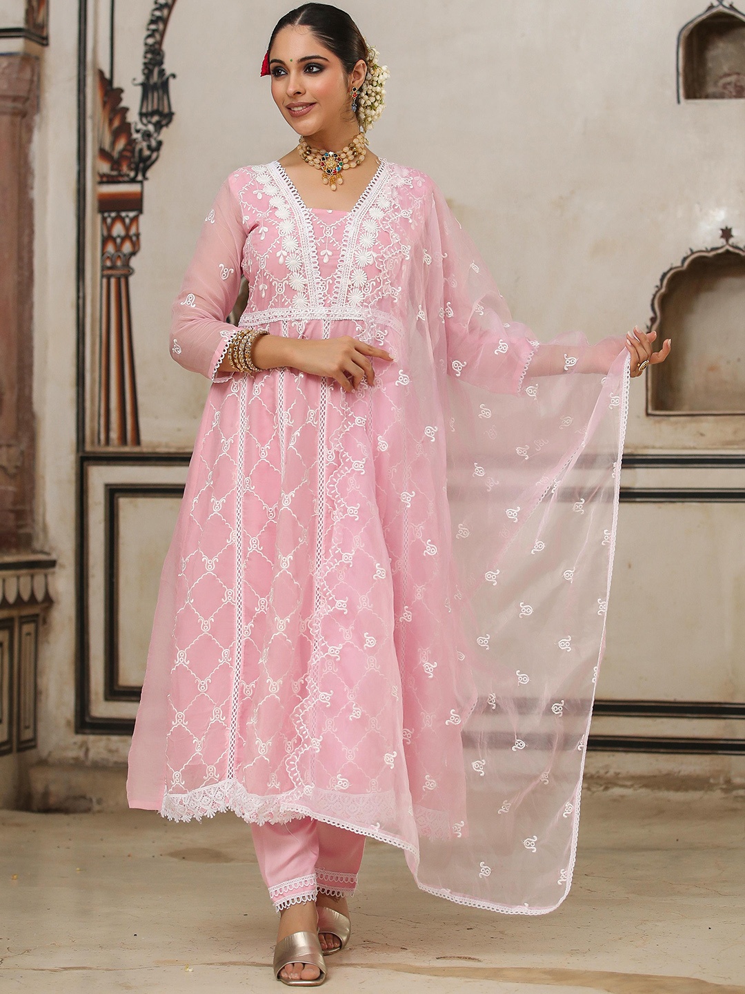 

SCAKHI Ethnic Embroidered Chikankari Anarkali Organza Kurta with Trousers & Dupatta, Pink