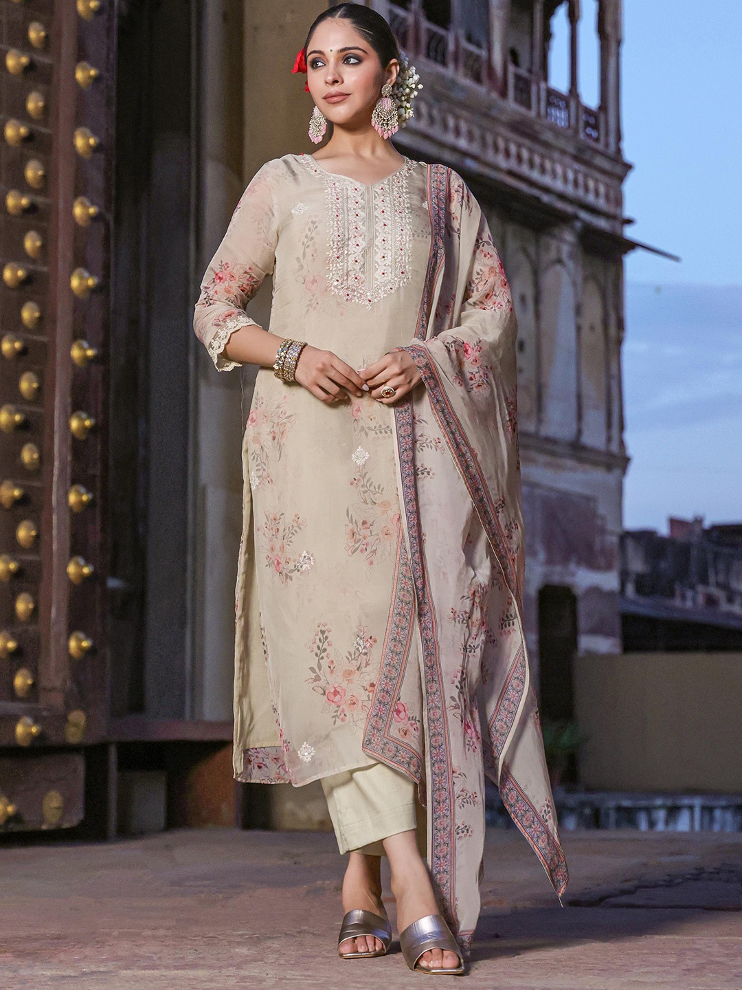 SCAKHI Floral Printed Sequined Chikankari Kurta with Palazzos & Dupatta, Green