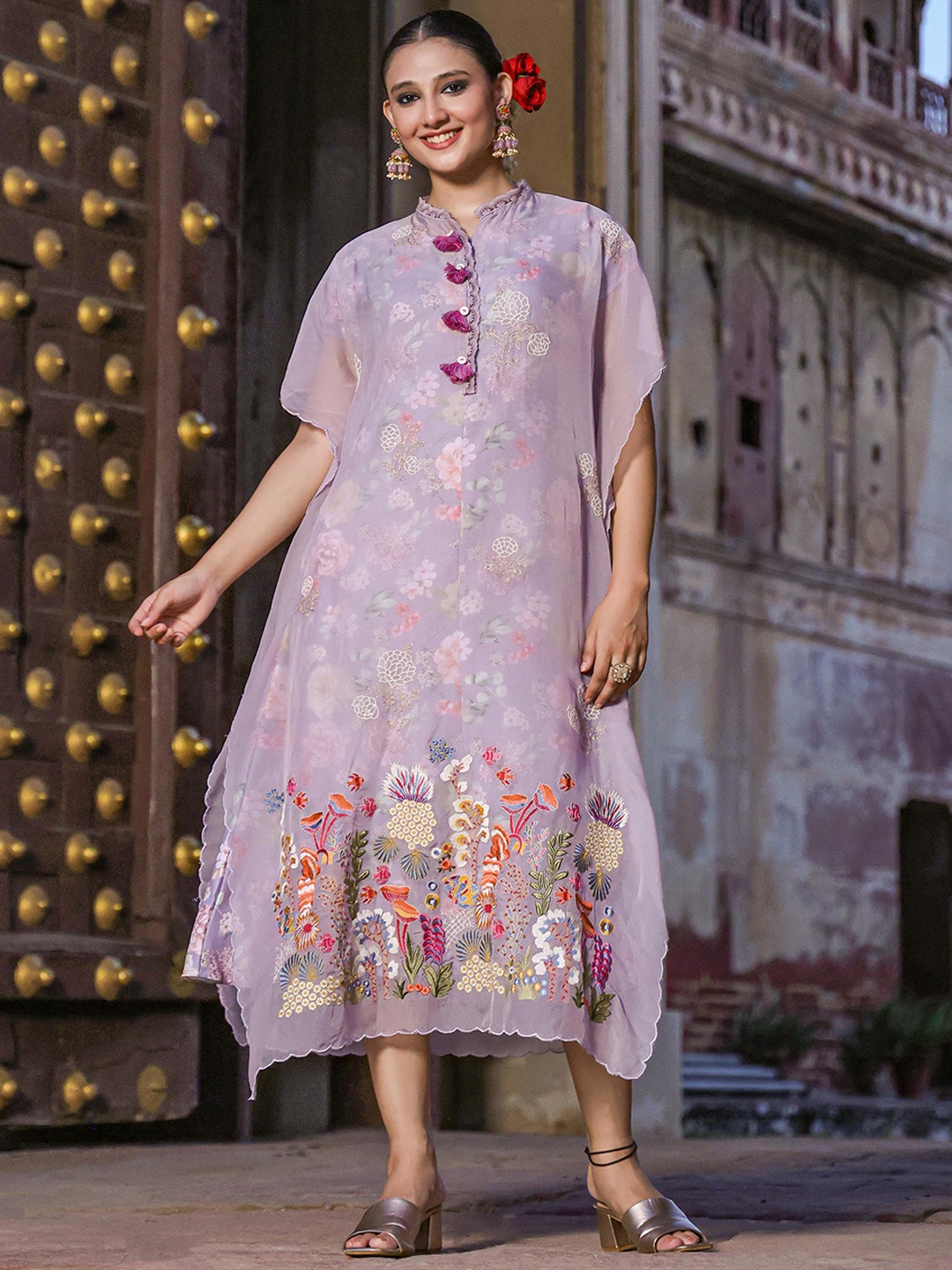 

SCAKHI Floral Printed Embroidered Linen Midi Kaftan, Lavender