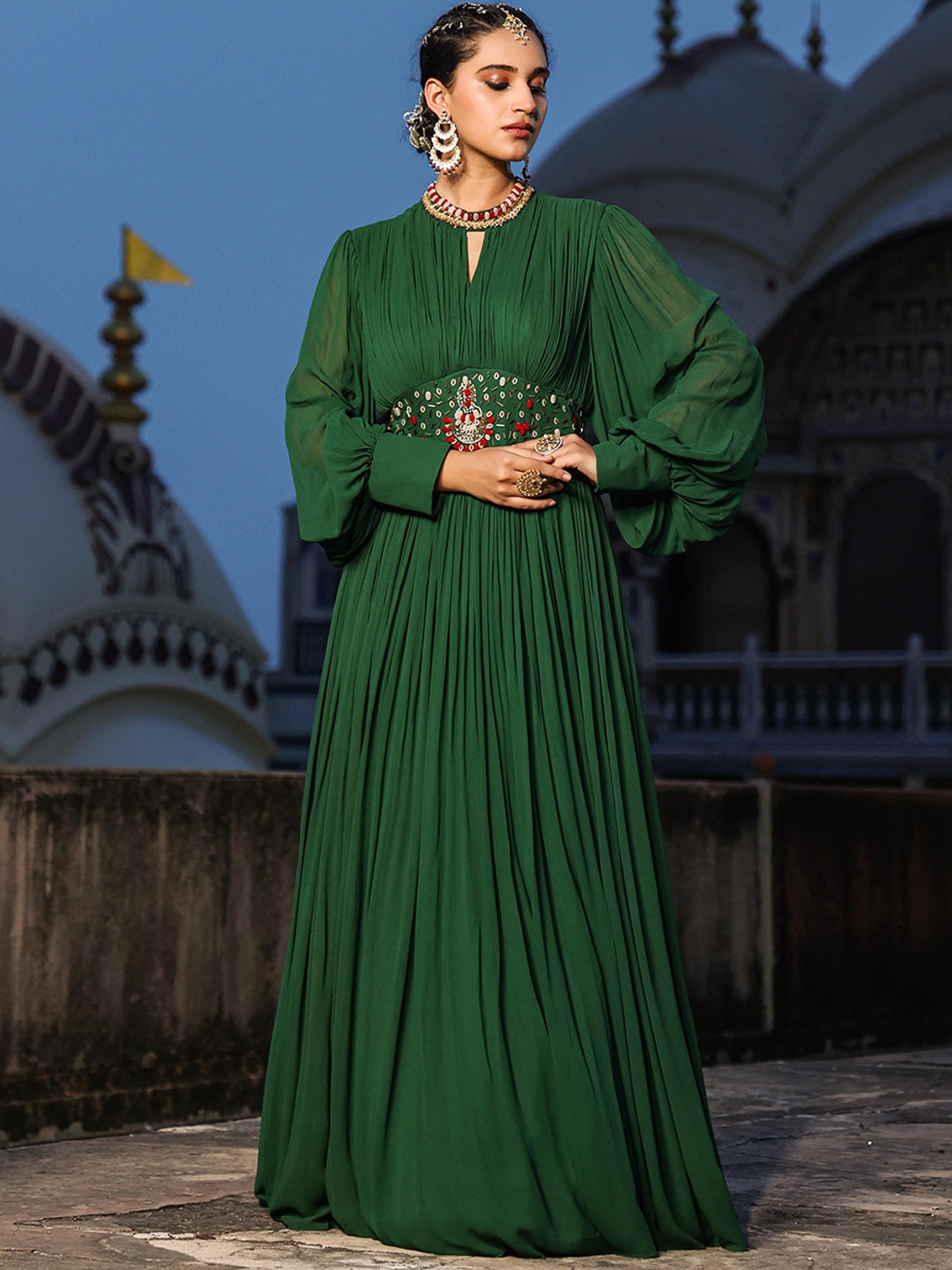 

SCAKHI Embellished Georgette Gathered Gown, Green