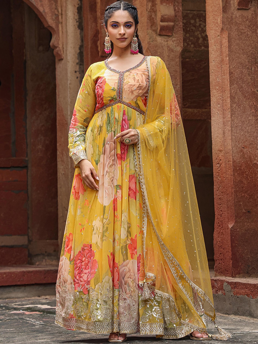 

SCAKHI Floral Printed Gathered Fit and Flare Ethnic Dress, Yellow
