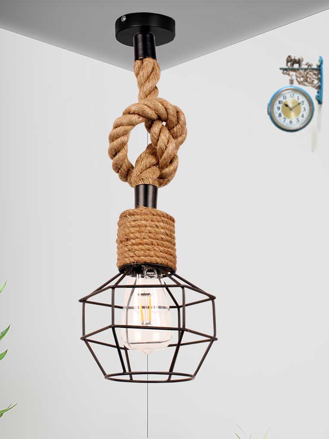 

Home Craft Theme Black & Brown Abstract Shape Rope Hanging Ceiling Lamp