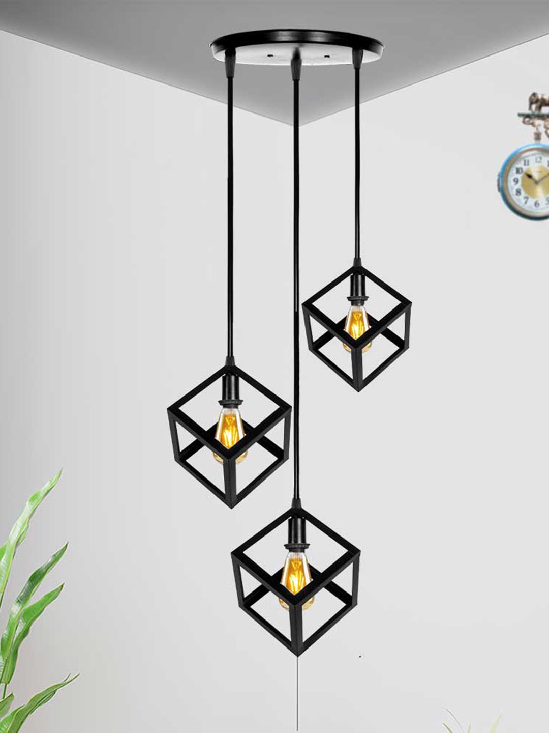 

Home Craft Theme Black Cube Shape Three-Pendant Hanging Ceiling Lamp