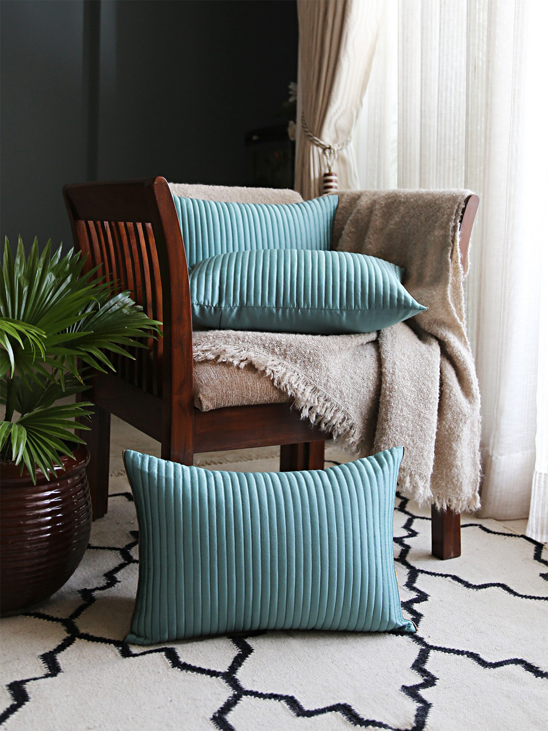 

ANS Turquoise Blue 3 Pieces Self Designed Rectangle Cushion Covers