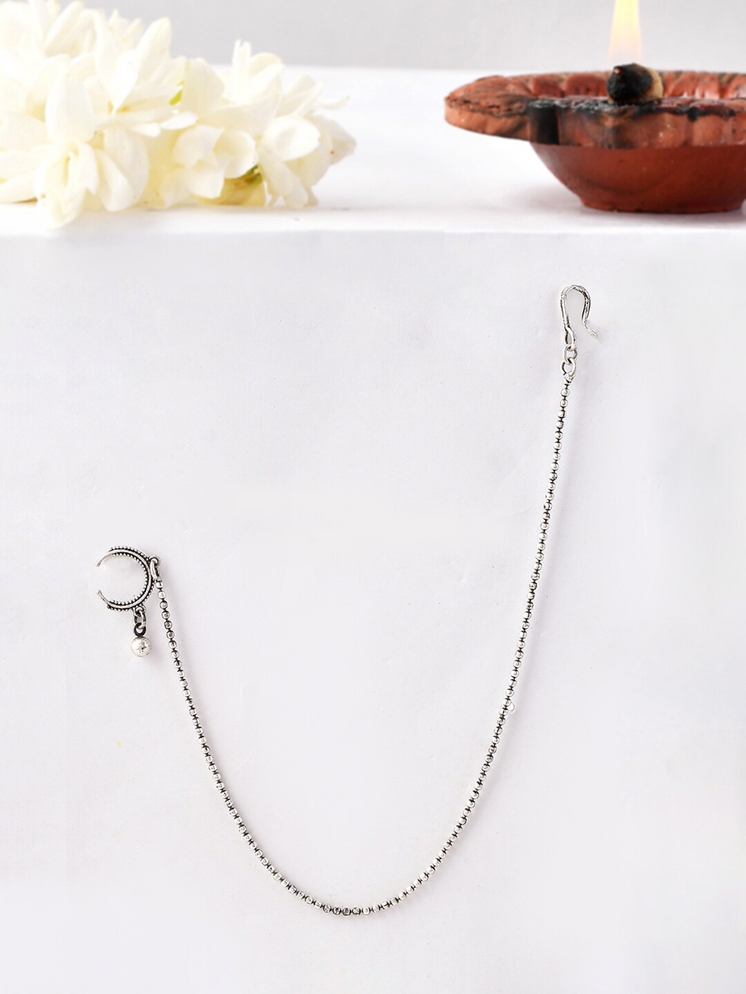 

Voylla Silver Plated Pearl Charm Chained Nose Pin