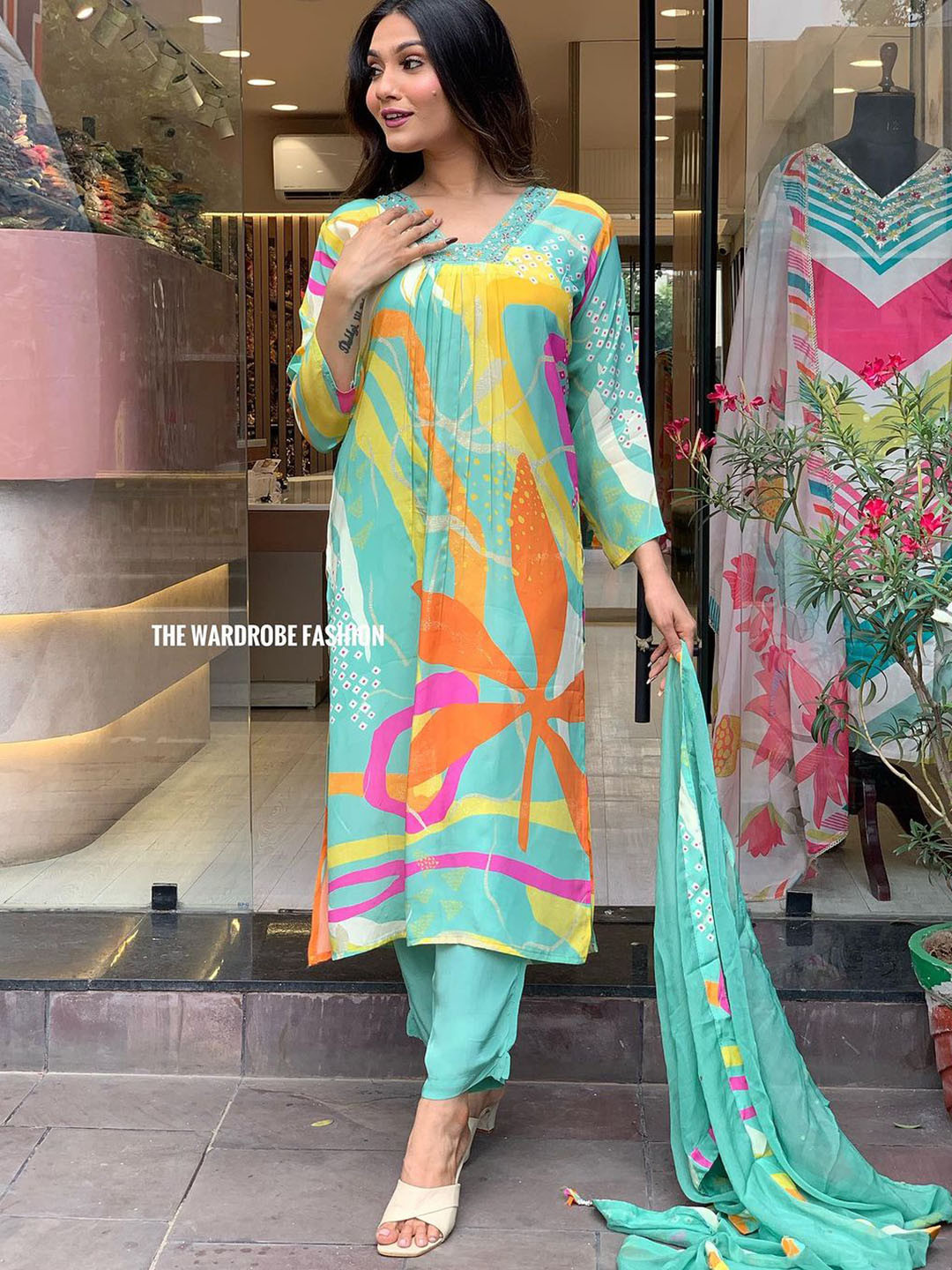 

KALINI Floral Printed Regular Pure Cotton Kurta With Trousers & Dupatta, Turquoise blue