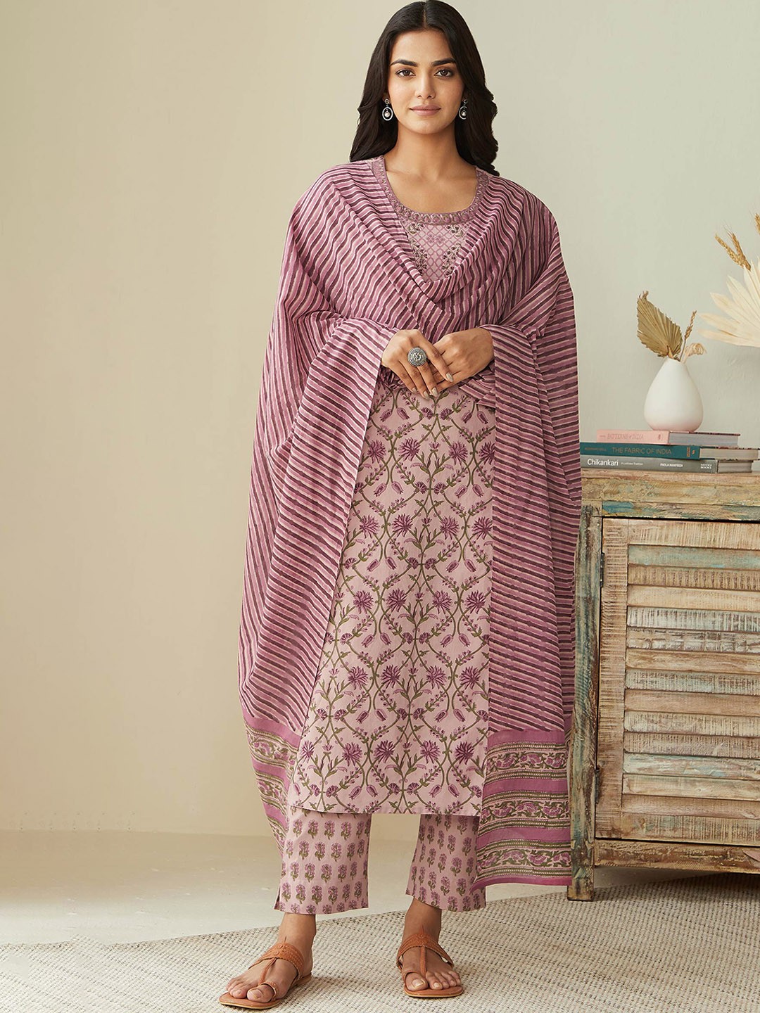 

KALINI Floral Printed Pure Cotton Kurta with Trousers & Dupatta, Pink