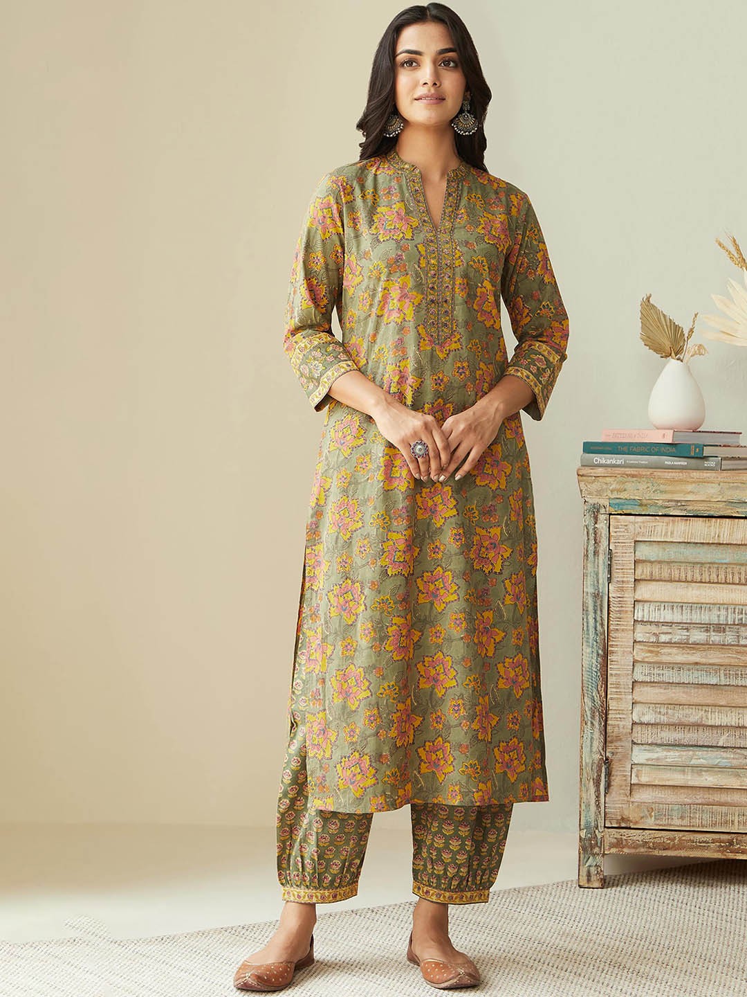 

KALINI Floral Printed Mandarin Collar Pure Cotton Kurta with Salwar & Dupatta, Green
