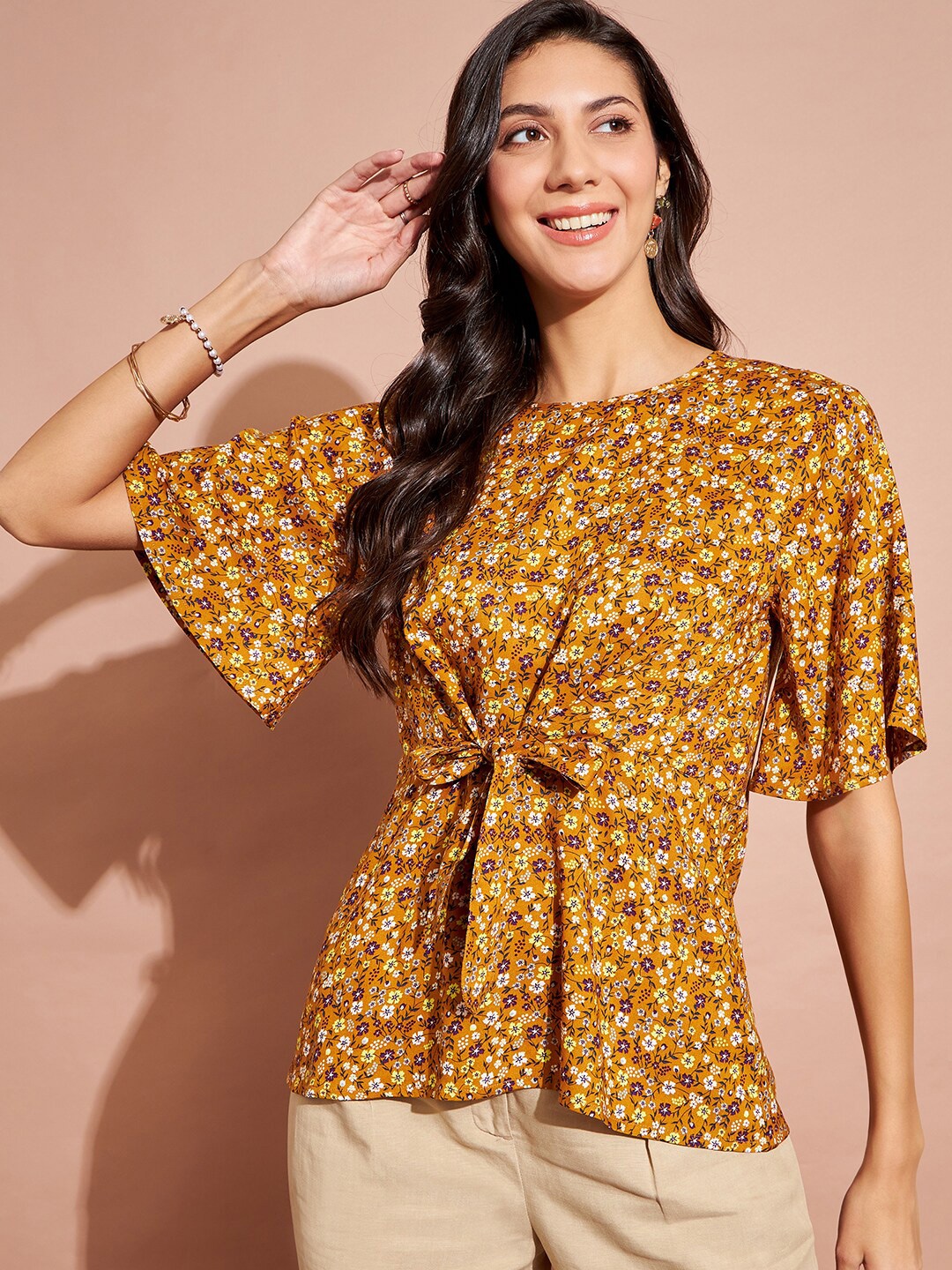

DressBerry Mustard Floral Printed Flared Sleeves Waist Tie-Ups Cinched Waist Top