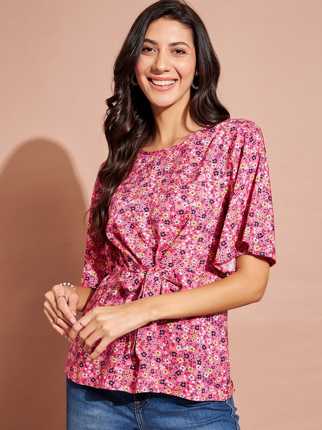 

DressBerry Pink Floral Printed Flared Sleeves Waist Tie-Ups Cinched Waist Top