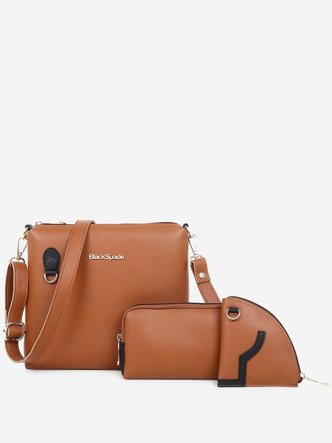 Black Spade Set Of 3 PU Shopper Sling Bag, Tan