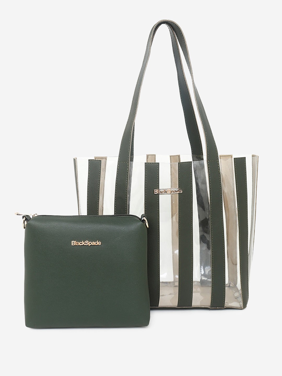 

Black Spade Striped Shopper Tote Bag With Pouch, Green