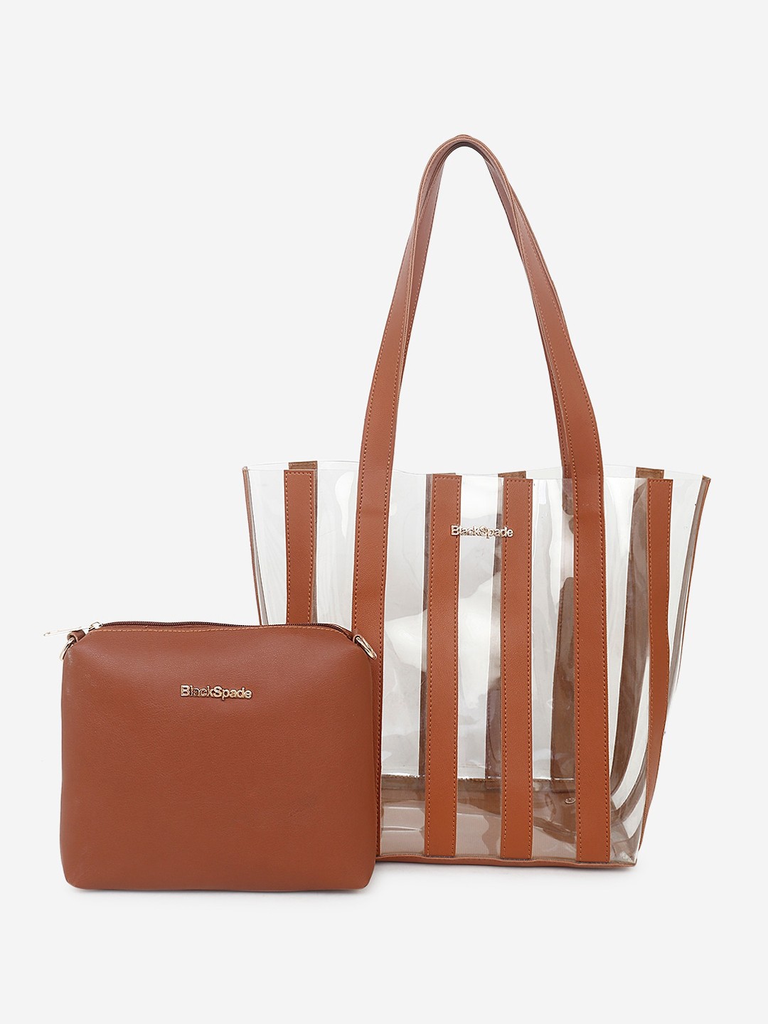 

Black Spade Striped PU Oversized Shopper Tote Bag with Pouch, Tan