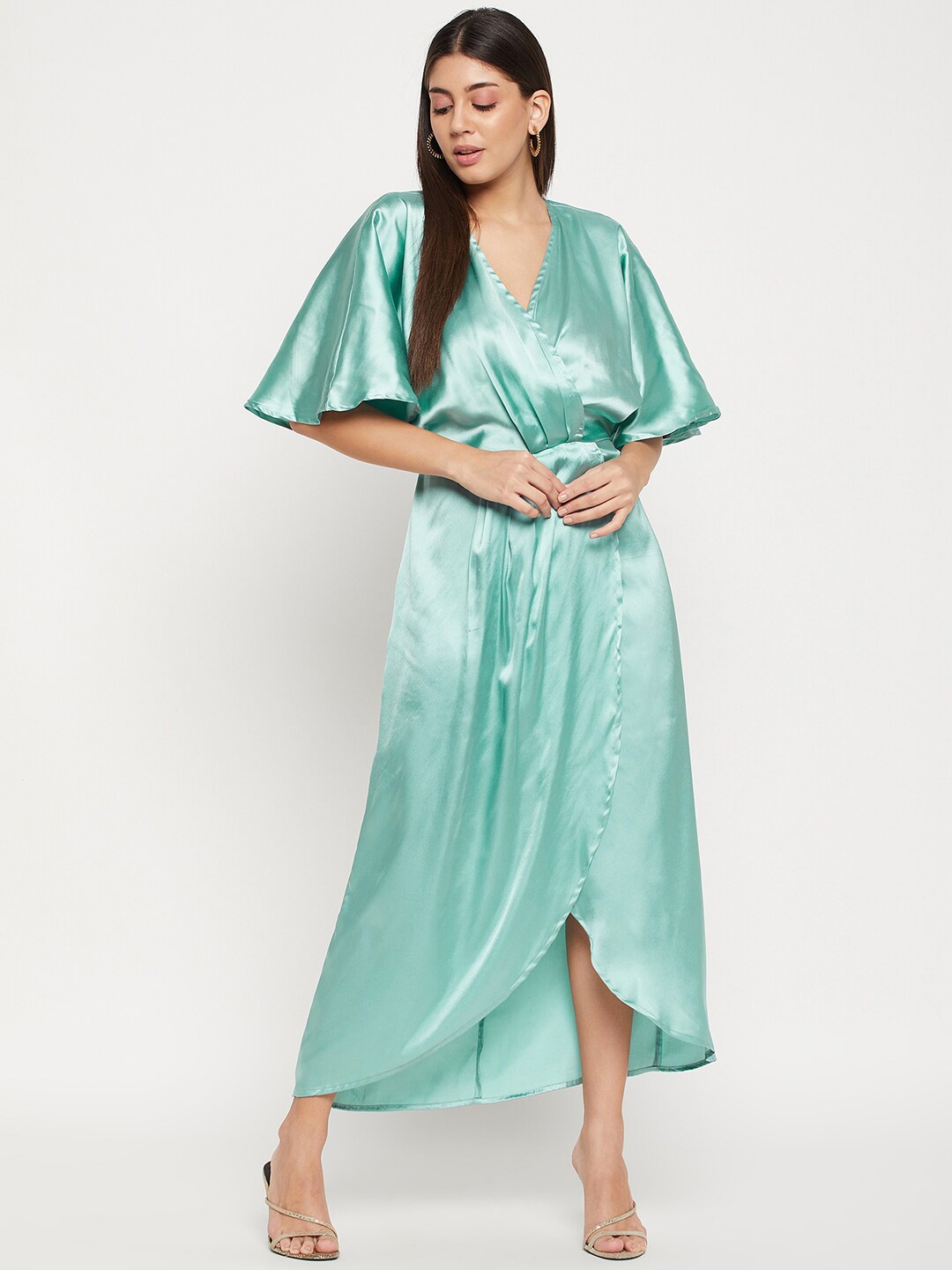 

Color Cocktail Flared Sleeves Satin Maxi Dress, Green