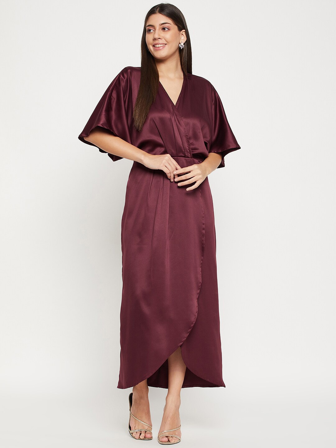 Color Cocktail V-Neck Flared Sleeves Gathered Wrap Midi Dress, Burgundy