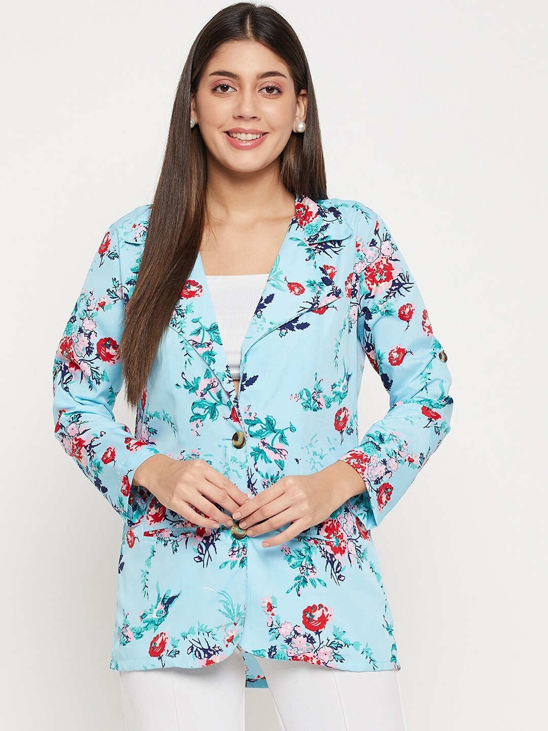

Color Cocktail Floral Printed Single Breasted Notched Lapel Pea Coat, Turquoise blue