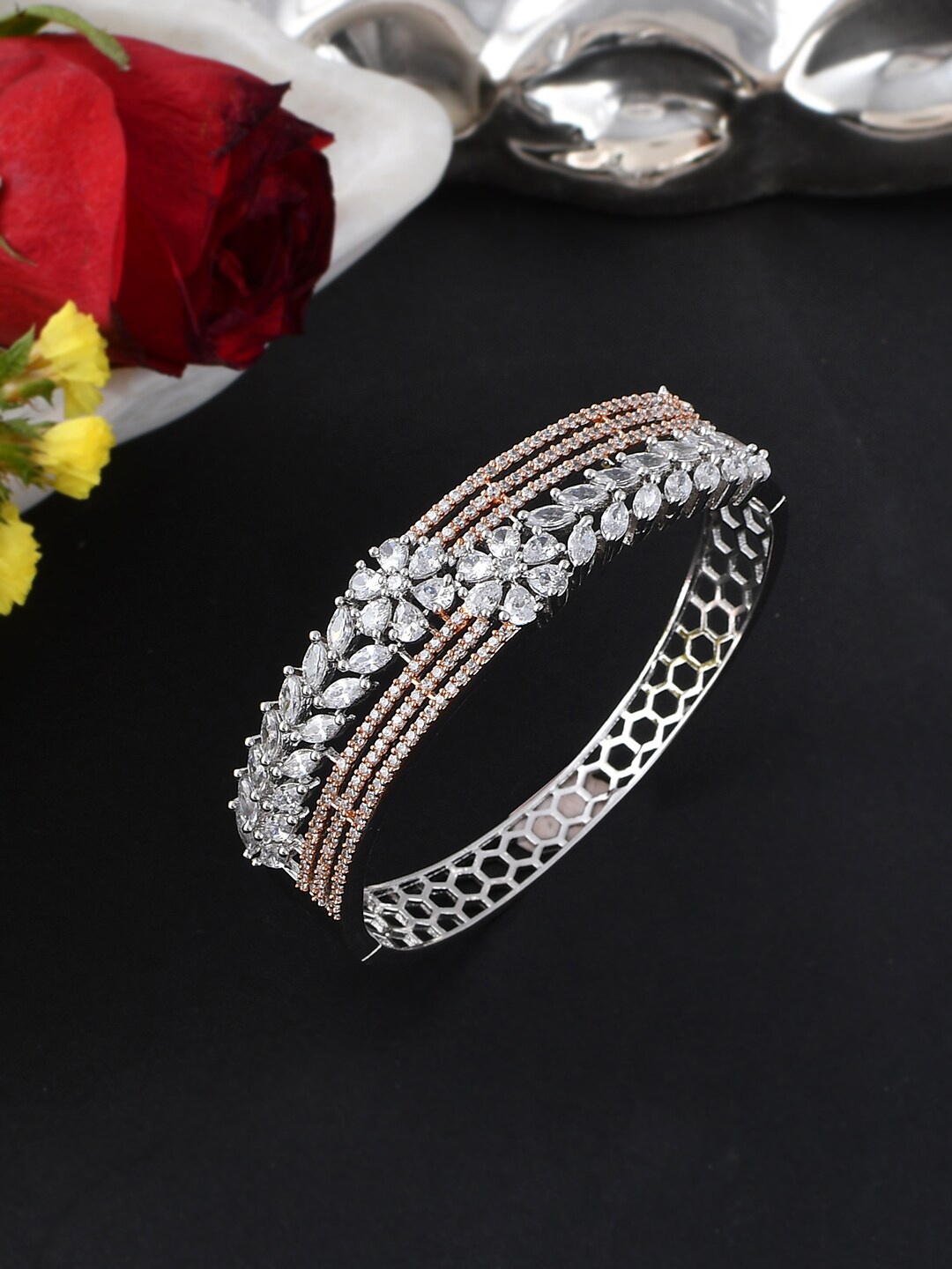 

Voylla Silver Plated Cubic Zirconia Stone Studded Bangle Style Bracelet