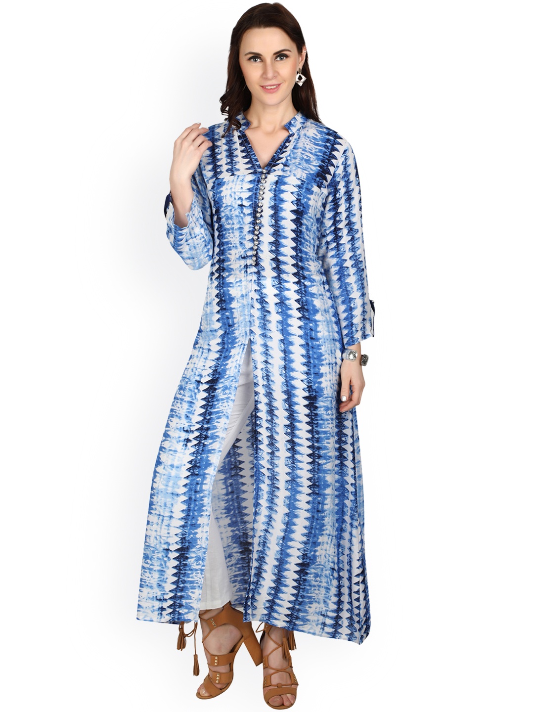

shiloh Women White & Blue Printed A-Line Kurta