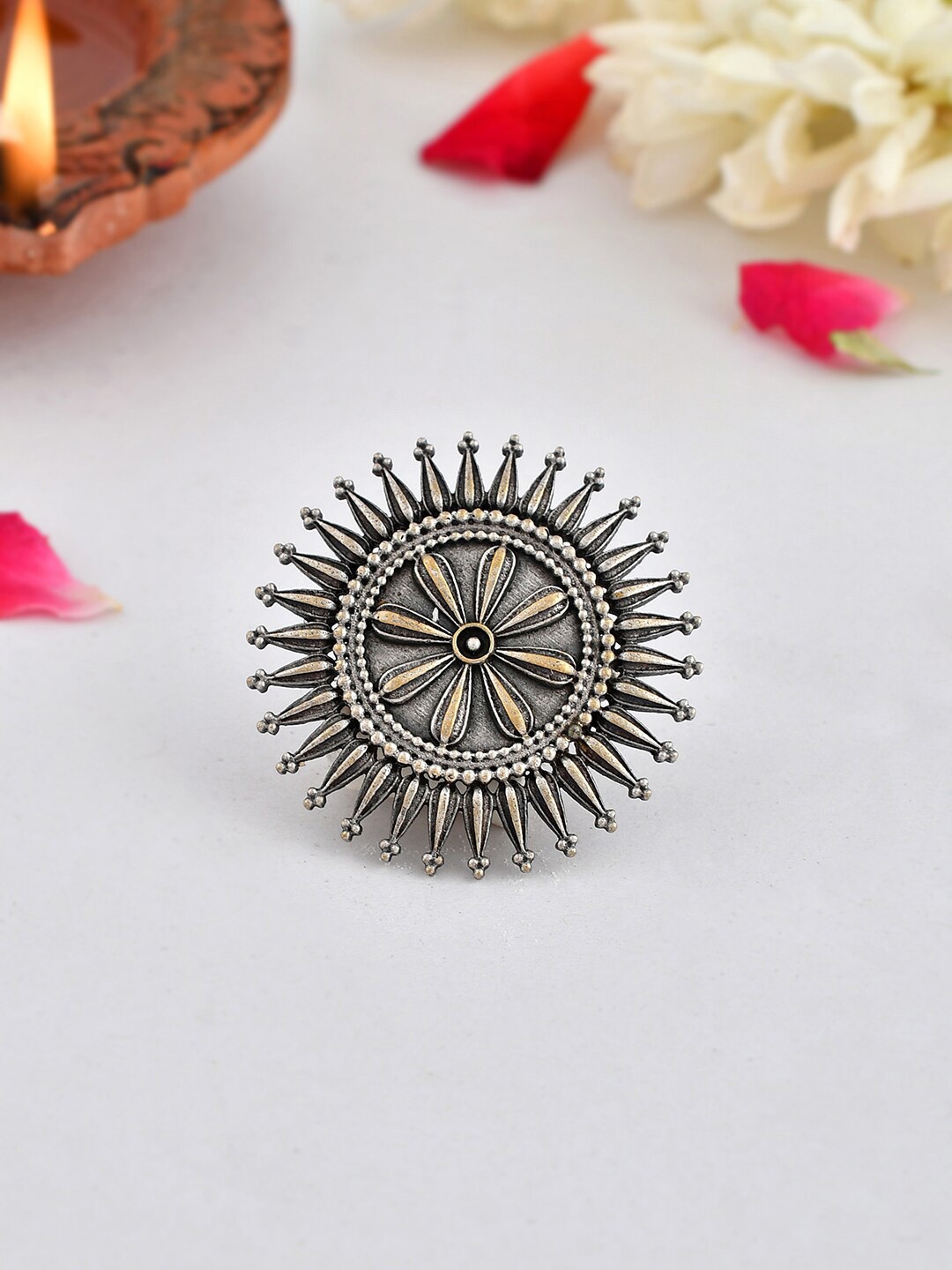 

Voylla Women Silver-Plated Oxidised Antique Cocktail Statement Finger Ring